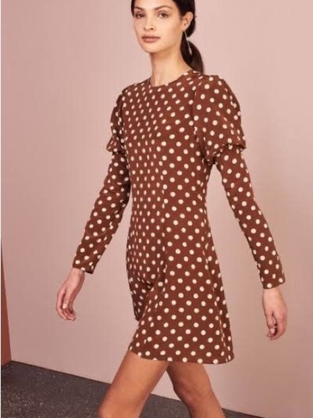 Designer Polka Dot Long-Sleeve Shift Dress in Brown